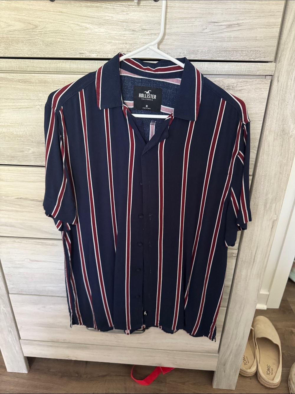 Hollister Navy Short-Sleeve Button-Down with Red & White Stripes
